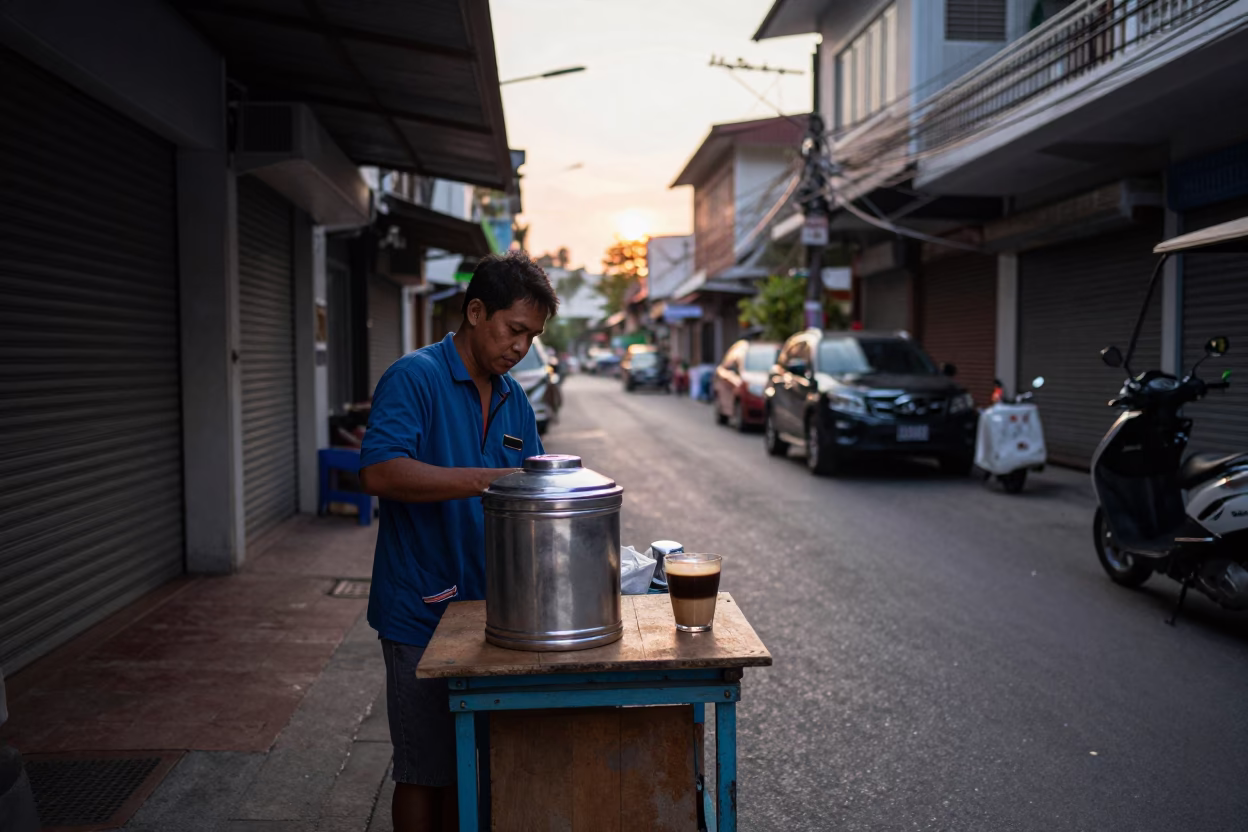 Phuket Thailand street vendor at dawn with tiffin tin and motorcycle in in Phuket, Thailand
