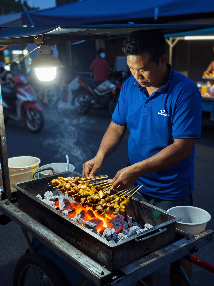 Phuket Thailand street vendor preparing satay skewers over charcoal in predawn darkness in in Phuket, Thailand