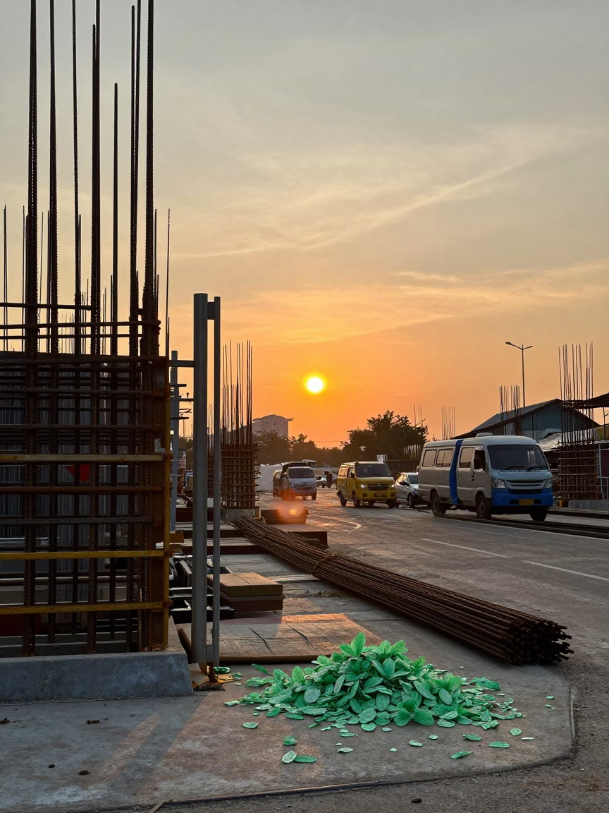 Phuket Thailand Sunset Construction Site with Rebar and Scattered Mint Leaves in in Phuket, Thailand