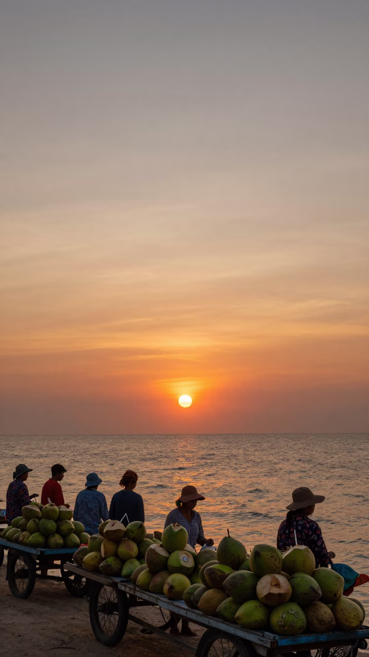 Phuket Thailand Sunset Horizon Shot with Coconut Vendors and Tropical Evening Light in in Phuket, Thailand