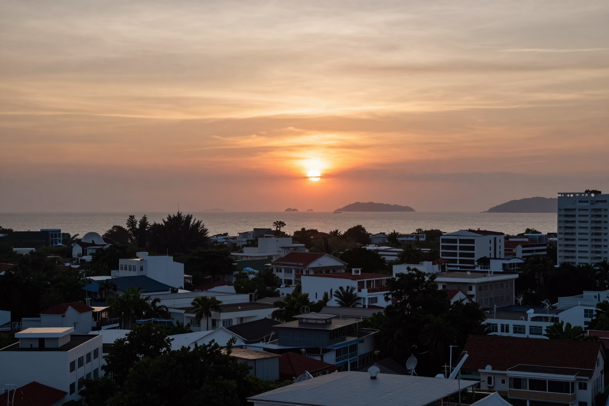 Phuket Thailand Sunset Horizon View Over Rooftops and Coastal Dusk Light in in Phuket, Thailand