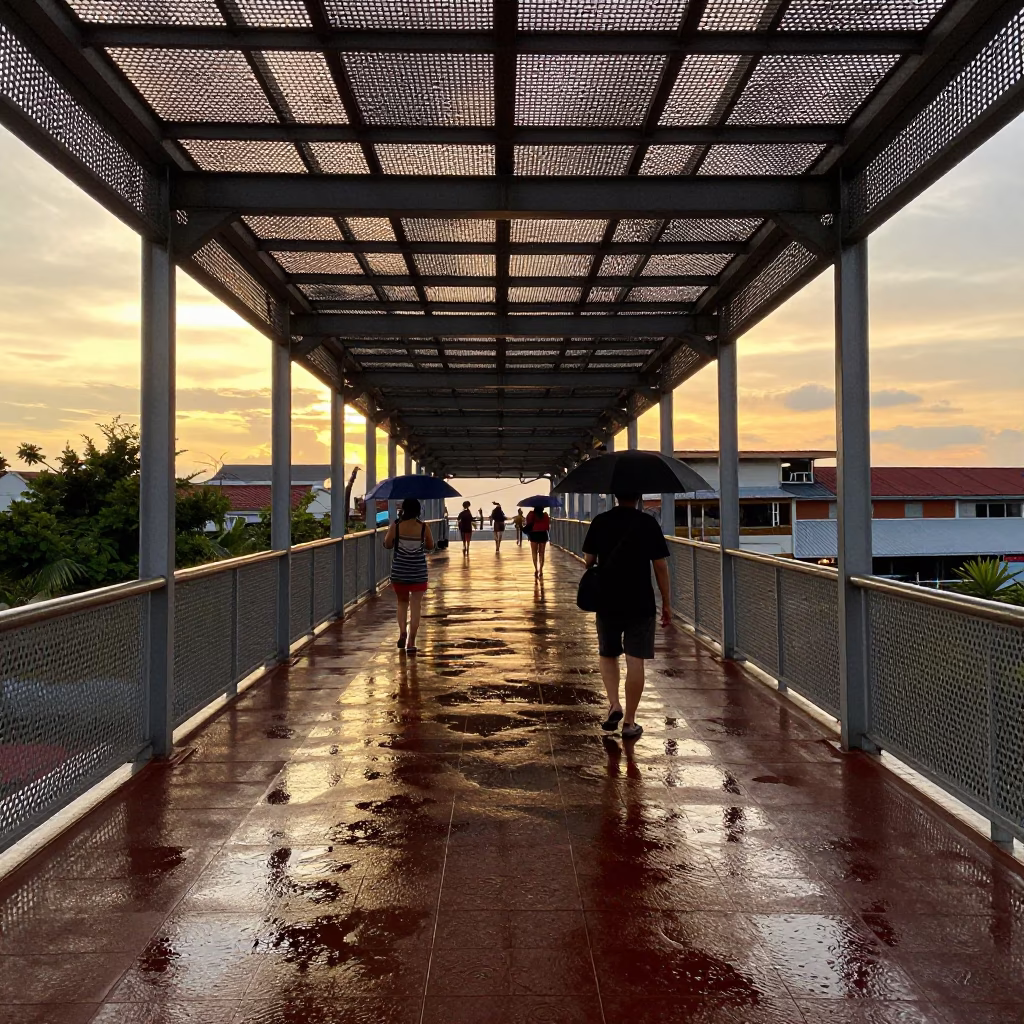 Phuket Thailand Sunset Pedestrian Overpass Perforated Metal and Wet Footsteps in in Phuket, Thailand