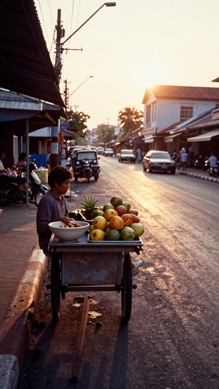 Phuket Thailand Sunset Street Scene with Ceramic Bowl and Local Market Activity in in Phuket, Thailand