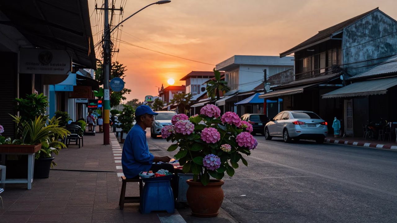 Phuket Thailand Sunset Street Scene with Local Vendor and Blue Hydrangea Bush in in Phuket, Thailand