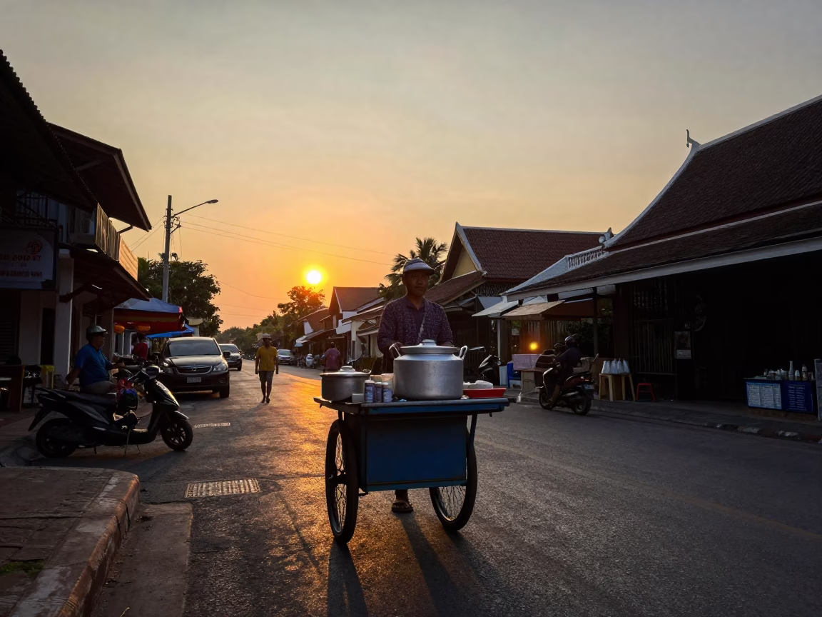 Phuket Thailand Sunset Street Scene with Local Vendor and Traditional Cooking Pot in in Phuket, Thailand