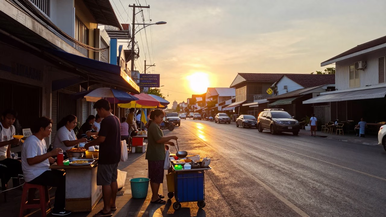 Phuket Thailand Sunset Street Scene with Local Vendor and Urban Details in in Phuket, Thailand