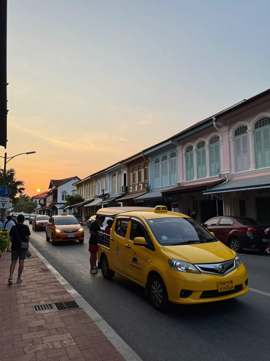 Phuket Thailand Twilight Street Scene with Yellow Songthaew Taxi and Traditional Shophouses in in Phuket, Thailand