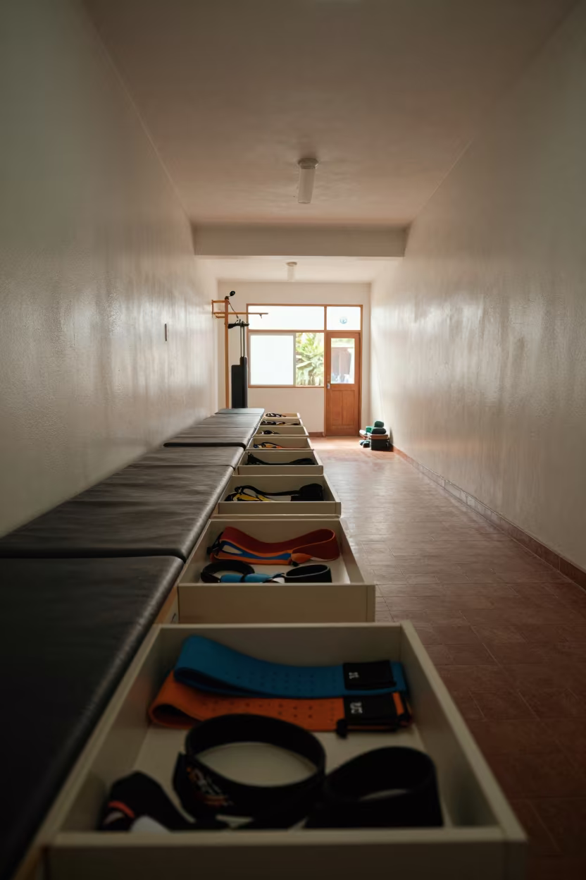 Physical Therapy Gait Belt Drawer in Rehab Gym in inside a rehab gym prepared for the first patients in Santa Cruz de la Sierra