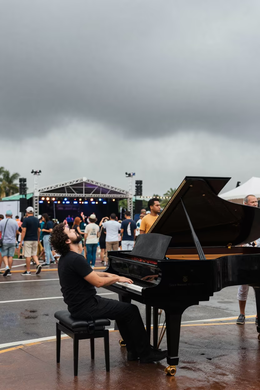 Pianist Arching Back at Fortissimo Street Corner in at a street corner busking spot in Carlos Manuel de Céspedes