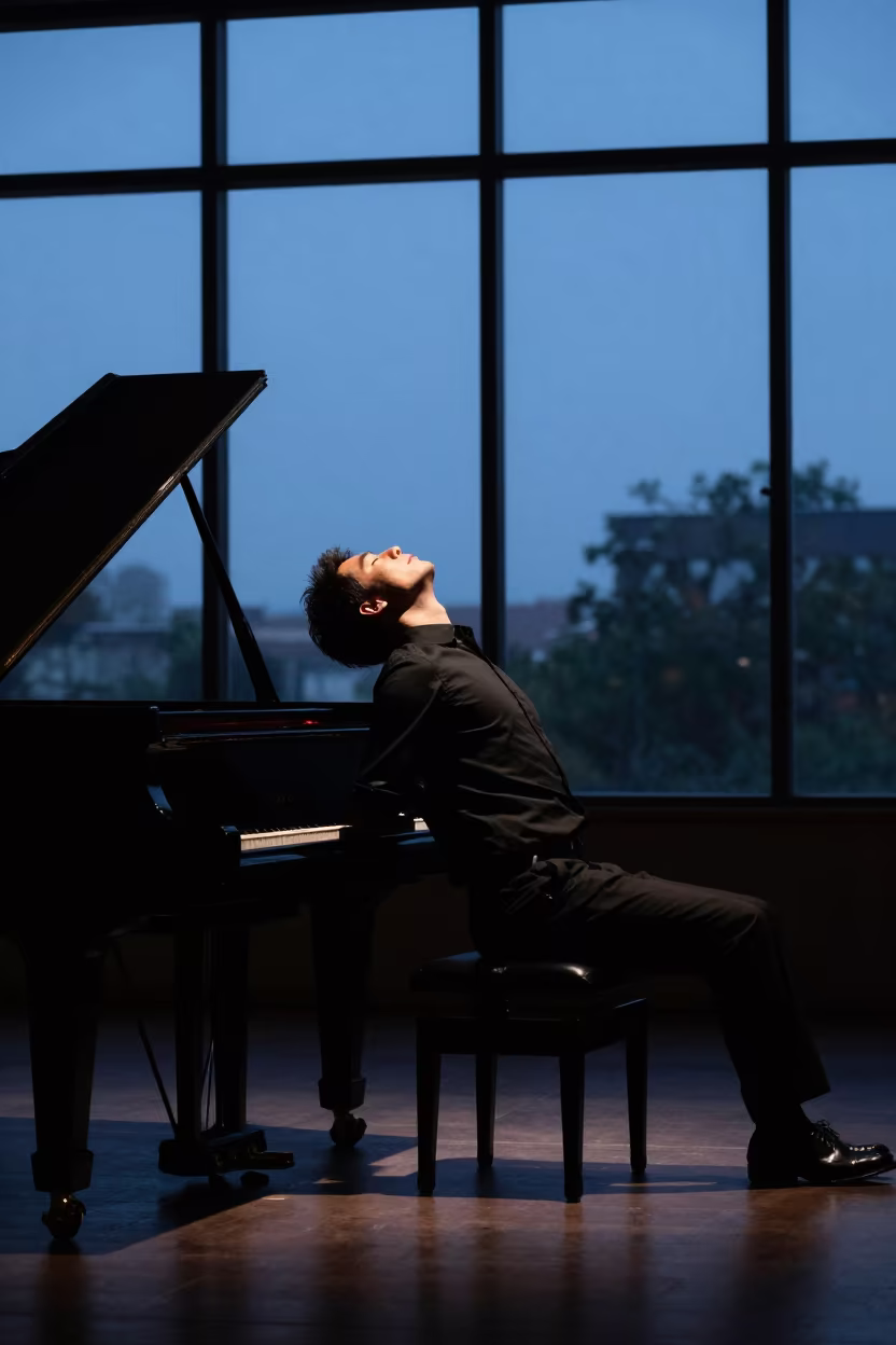Pianist Arching Back Silhouetted on Monrovia Stage in on a dimly lit stage in Monrovia