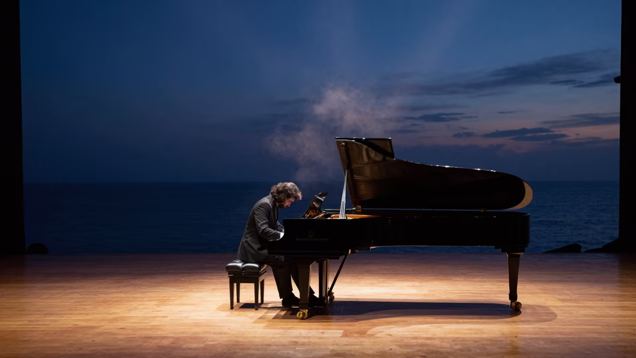 Pianist Bowing Silhouette on Empty Concert Hall Stage in in a concert hall in Jounieh