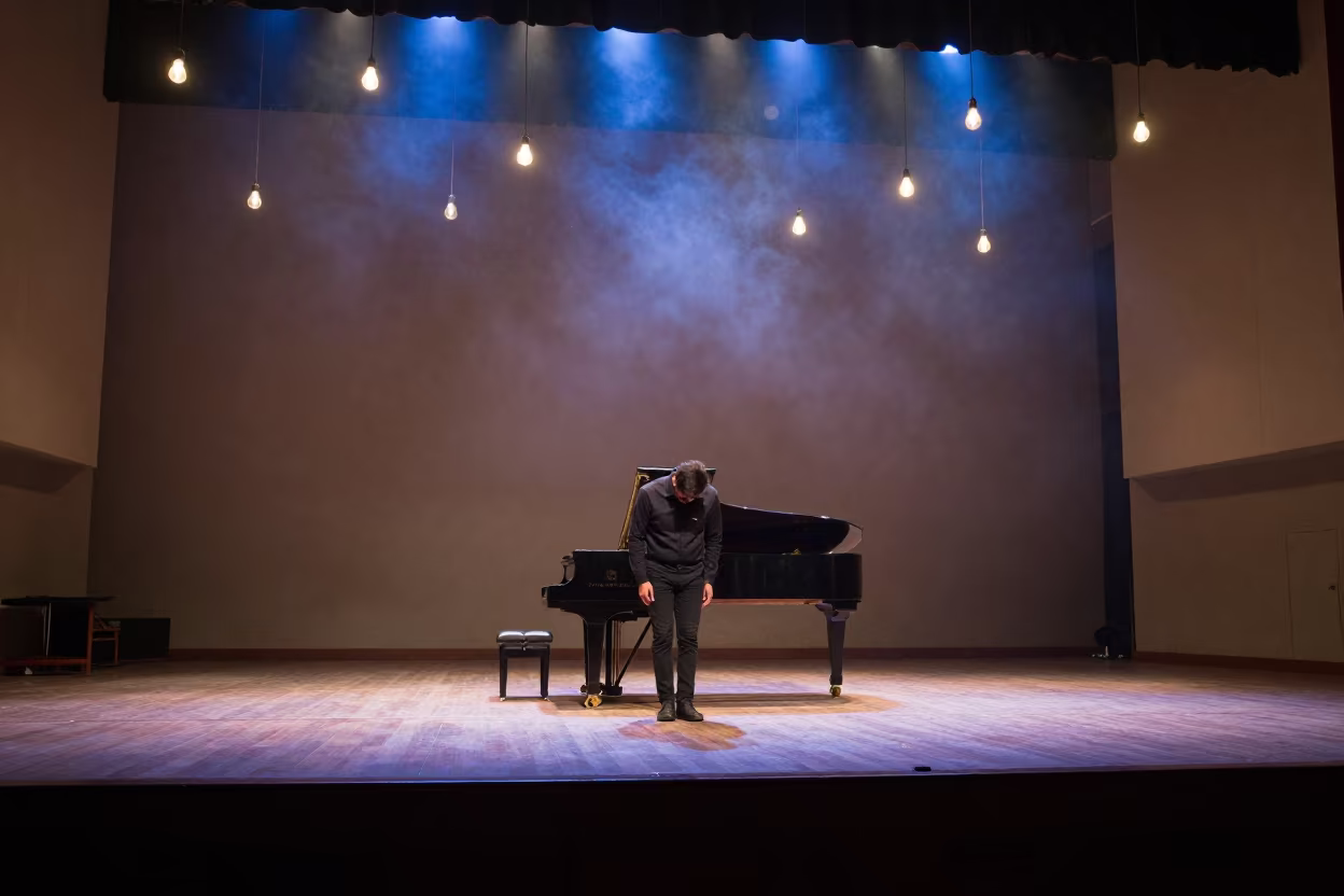 Pianist Bowing Under String Lights in Aurangabad in in a rehearsal room in Aurangabad