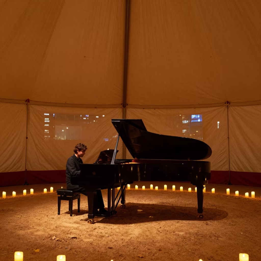 Pianist on Circus Stage in Beijing in under a circus tent in Baitasi, Beijing