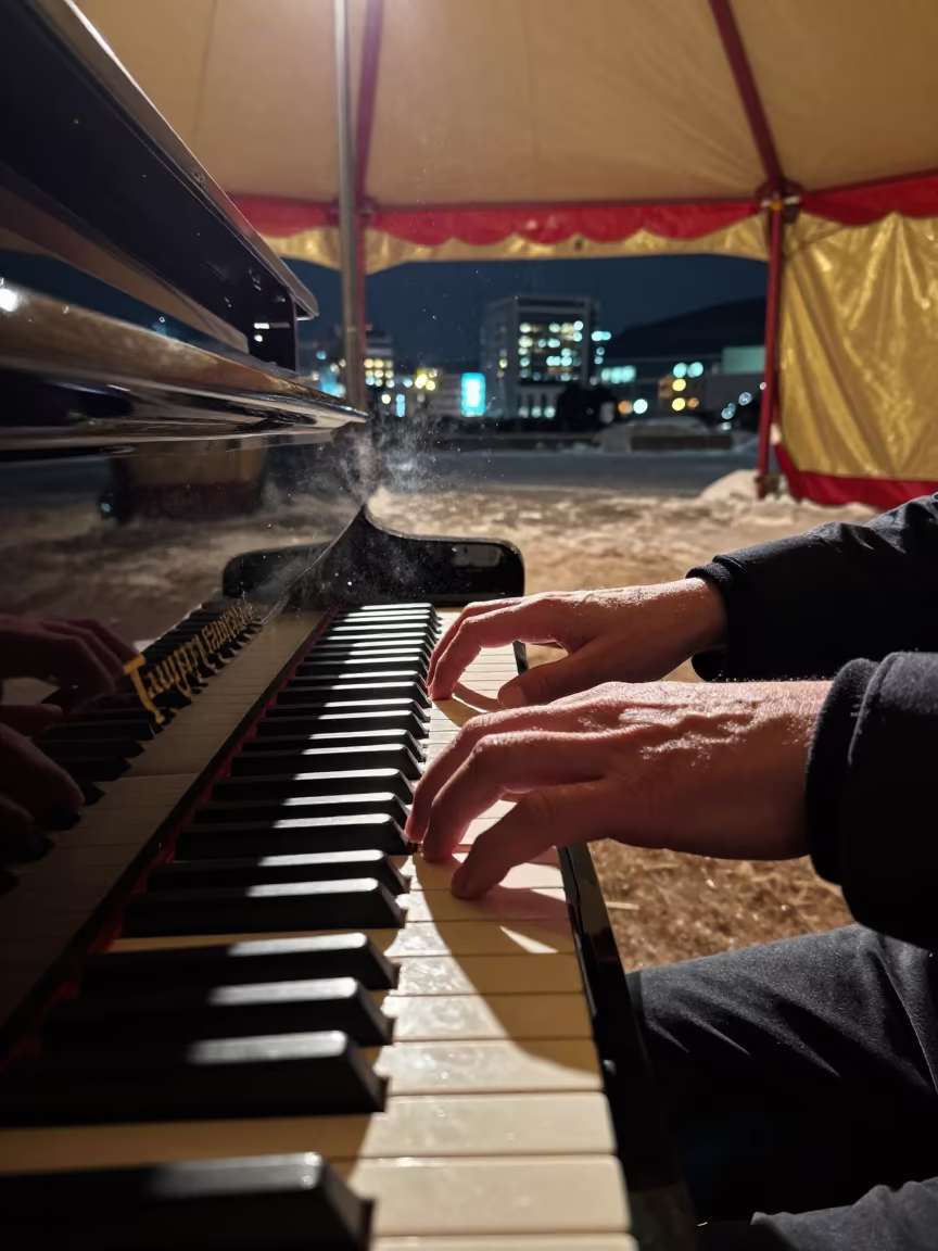Pianist Fingers on Ivory Keys Under Winter Circus Tent in under a circus tent in Sapporo