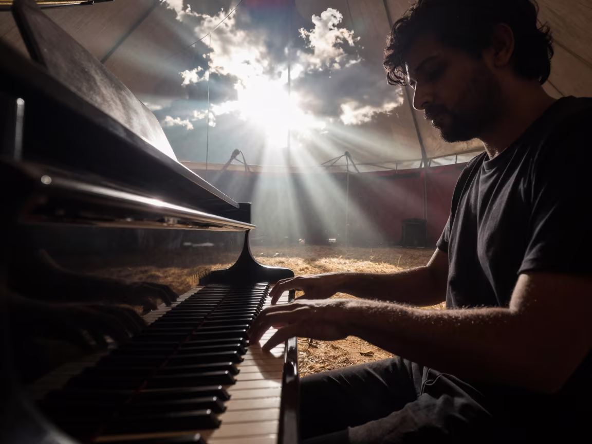 Pianist Hands Blurring on Steinway Under Circus Tent in under a circus tent in Kala Ghoda, Mumbai