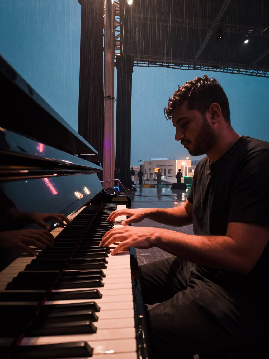 Pianist Lifts Hands After Sonata in Mukalla in on a dimly lit stage in Mukalla