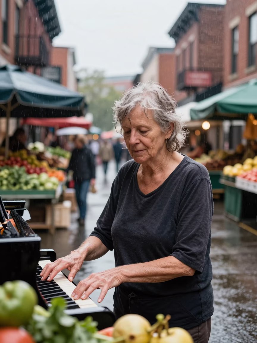 Pianist Portrait Monsoon Rain Philadelphia Market Lane in along a market lane in Philadelphia