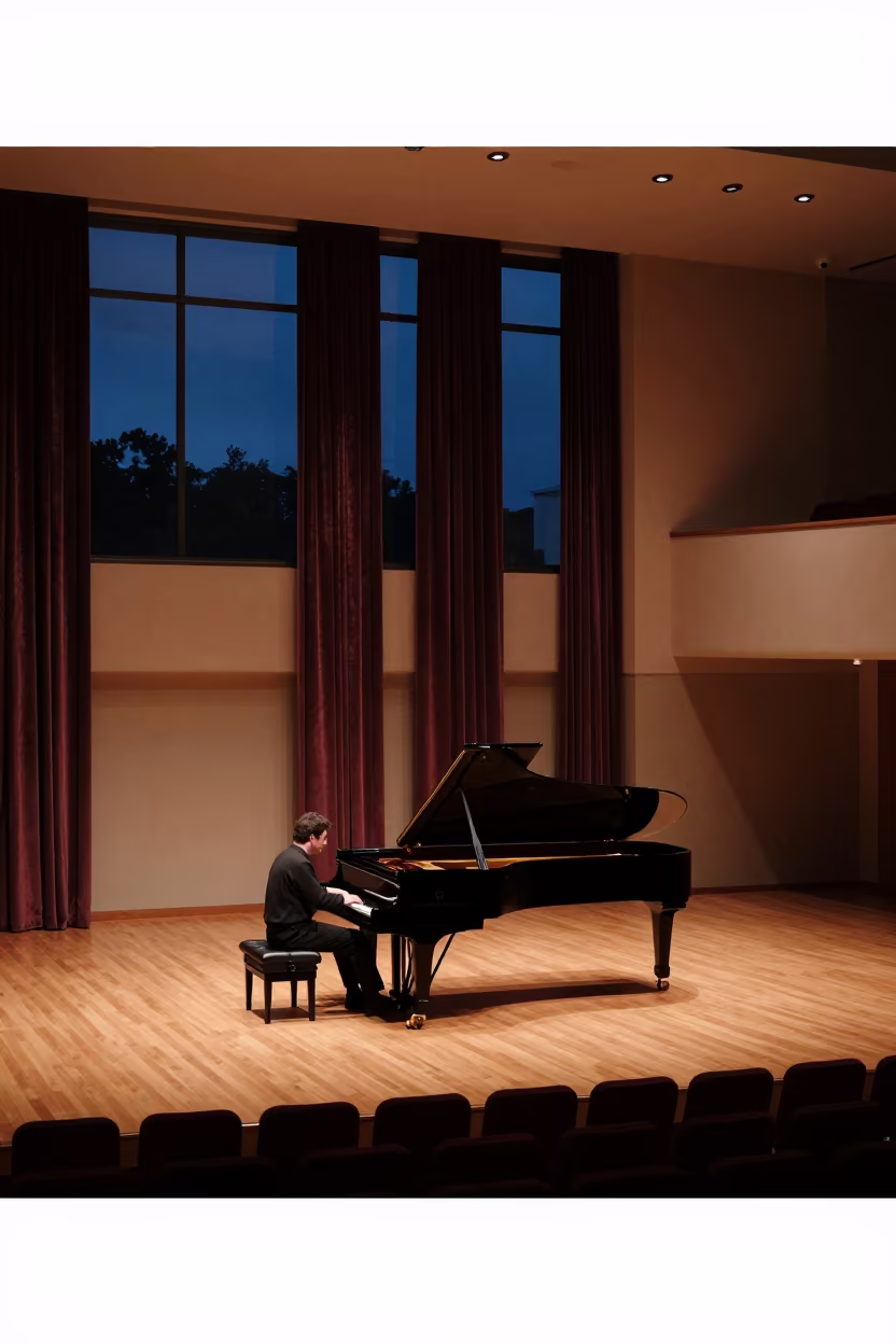 Pianist Rehearsing in Geelong Concert Hall Twilight in in a concert hall in Geelong