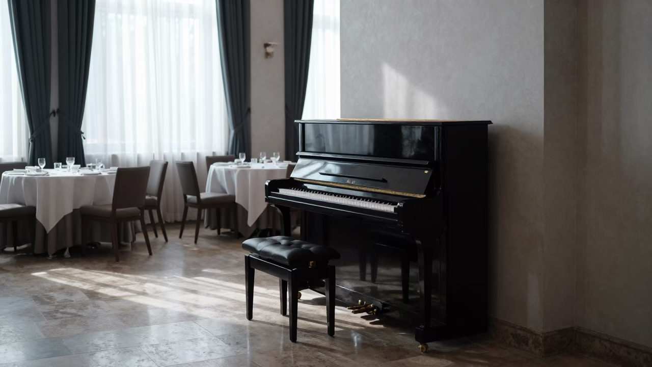 Piano Corner in Banquet Hall with Morning Light in inside a banquet hall before service near Divo