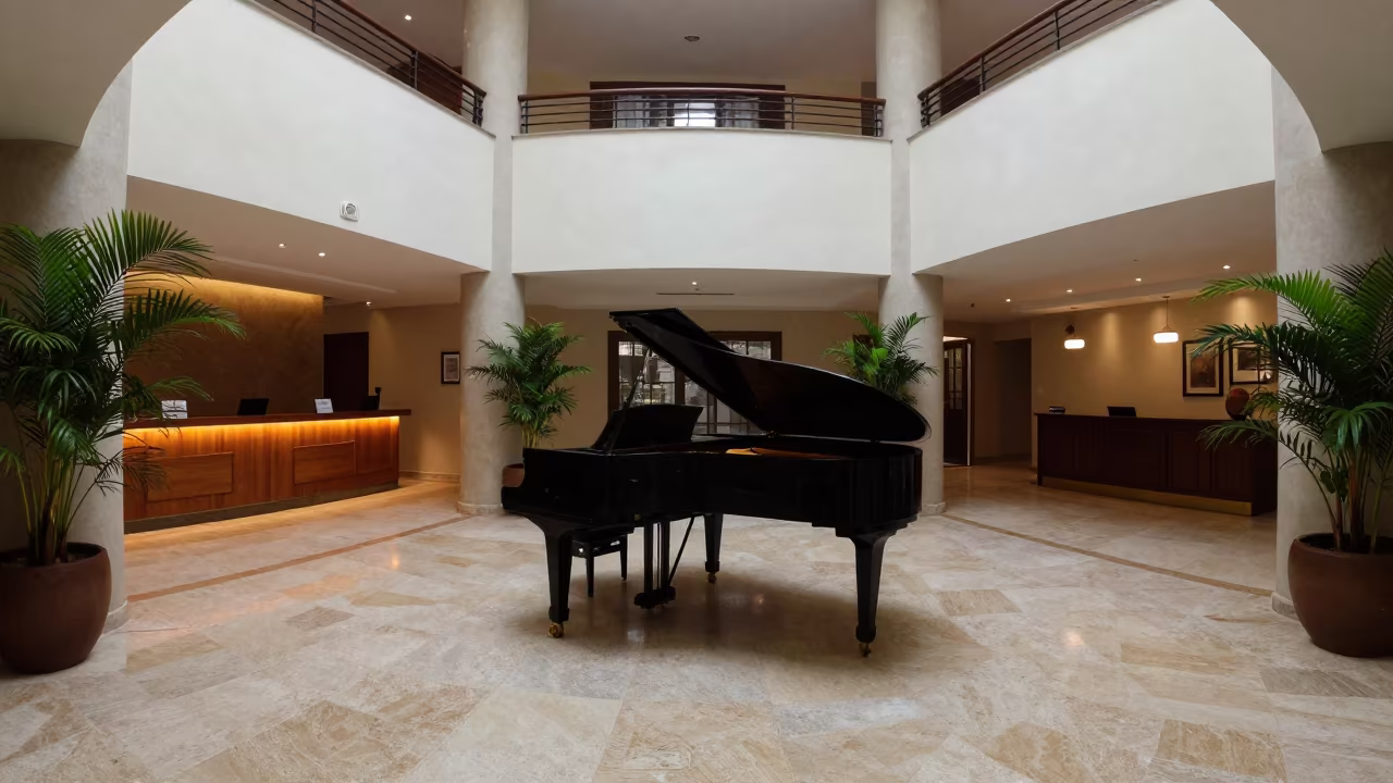 Piano Corner Lobby Recife Polished Stone Midday in at a reception desk under warm light in Recife