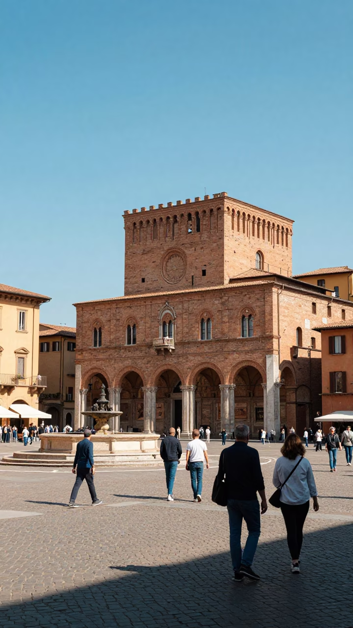 Piazza Maggiore in Bologna at The Flat Glare Of Noon Light in in Bologna, Italy