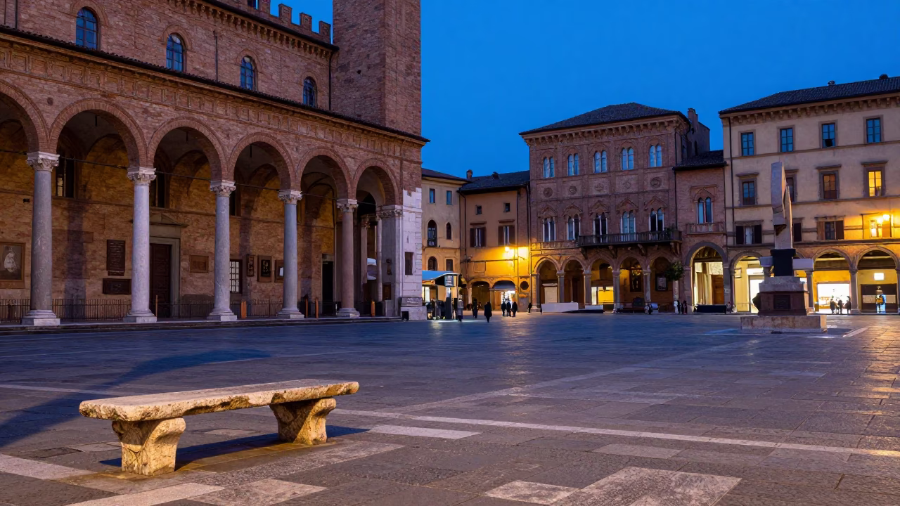 Piazza Maggiore in Bologna at The Last Blue Light Of Evening in in Bologna, Italy