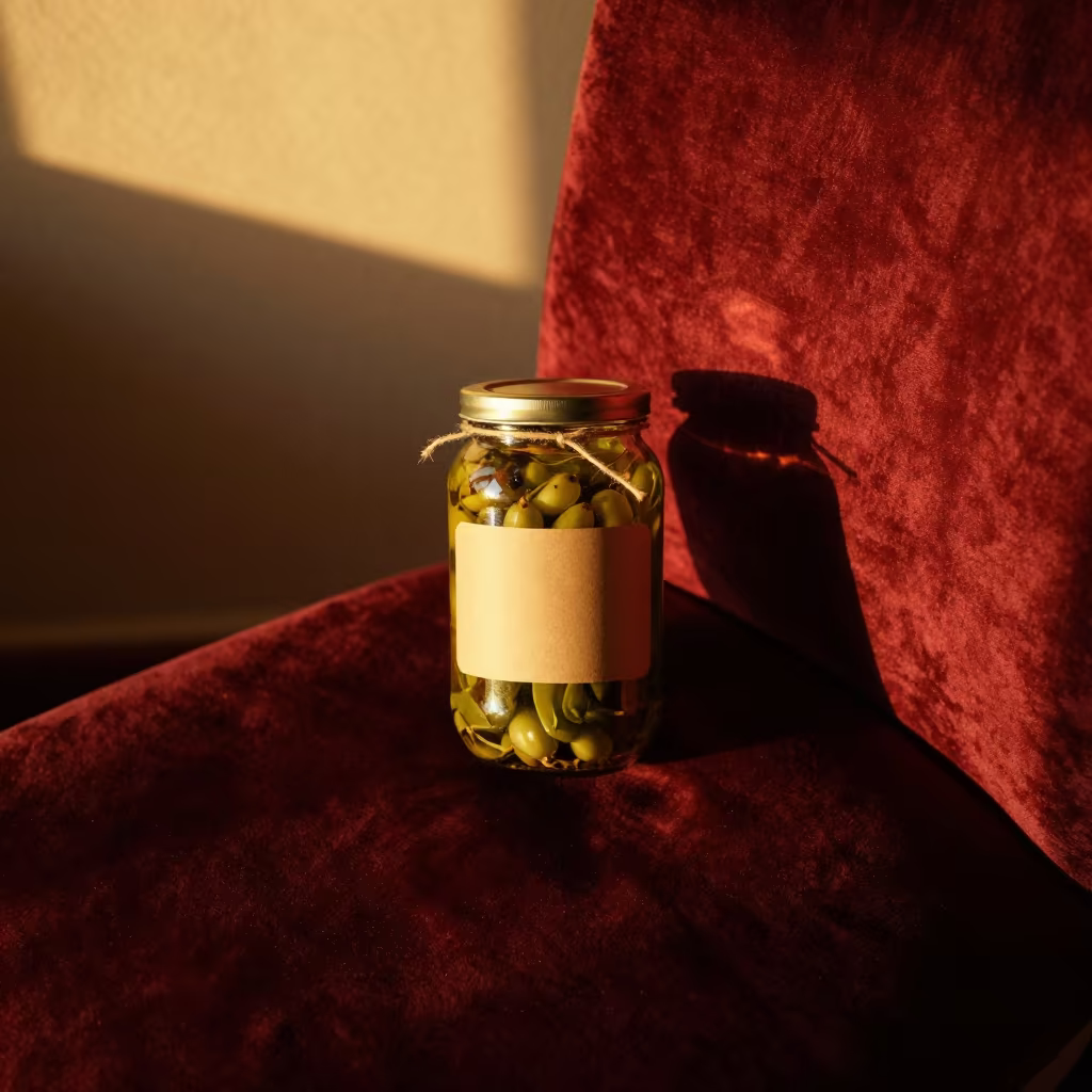Pickle Jar on Velvet Chair Montevideo Sunset in on a velvet chair in Montevideo