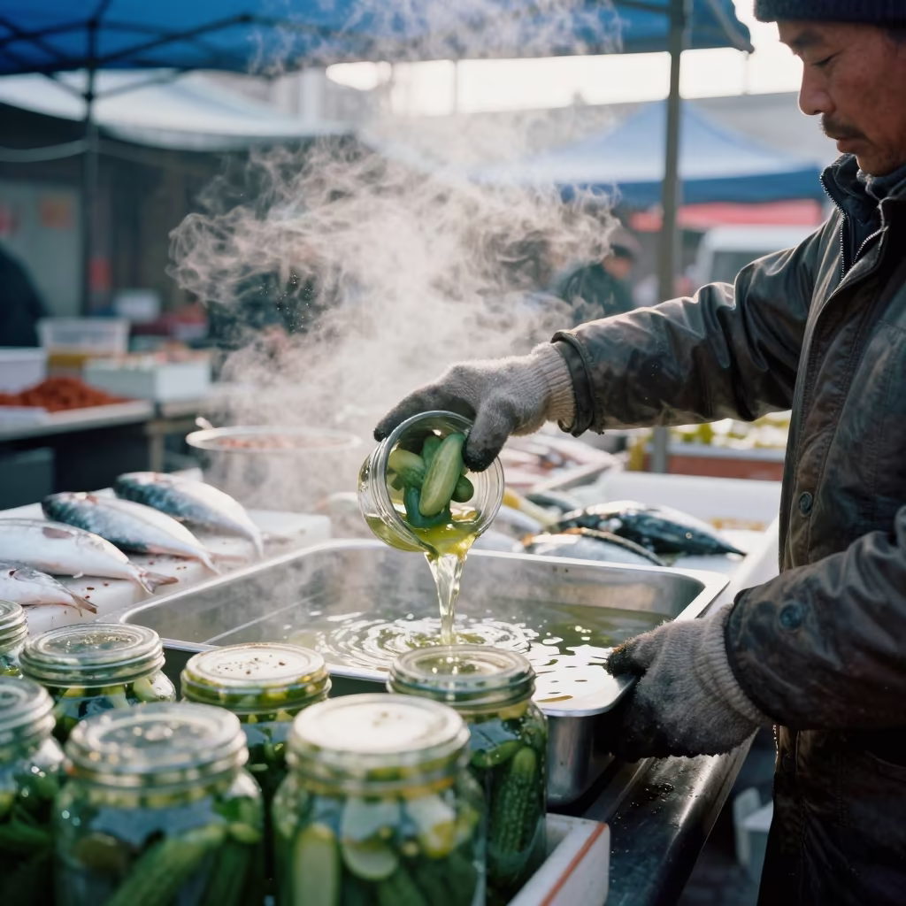 Pickle Vendor Ladling Brine in Chengdu Market in beside a fish counter in Chengdu