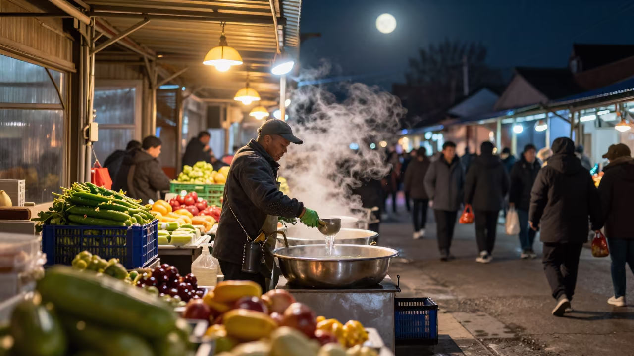 Pickle Vendor Ladling Brine at Lanzhou Night Market in at a roadside fruit stand in Lanzhou