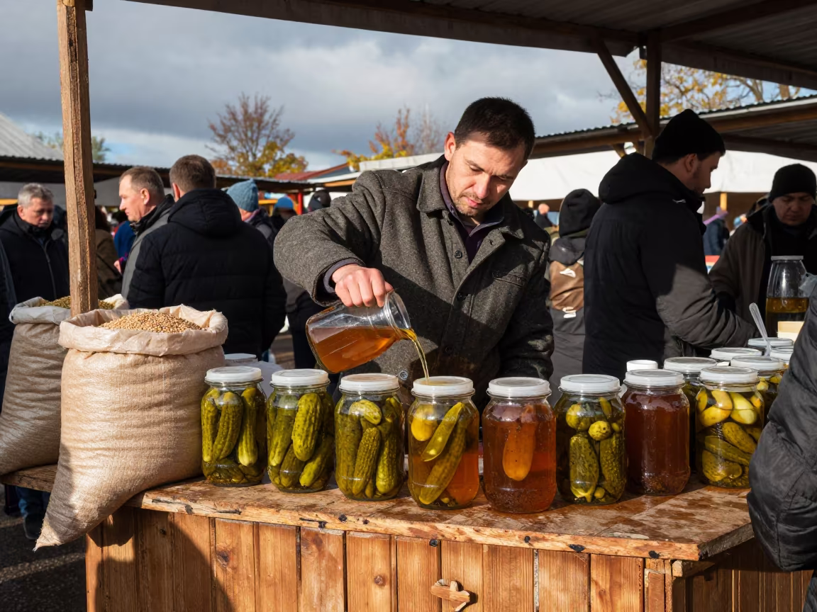 Pickle Vendor Ladling Brine Novosibirsk Market in at a market stall in Novosibirsk