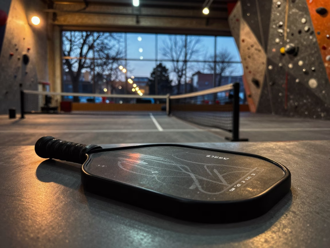 Pickleball Gauge Sleeve in Kabul Gym at Dusk in inside a climbing gym warmup zone in Kabul
