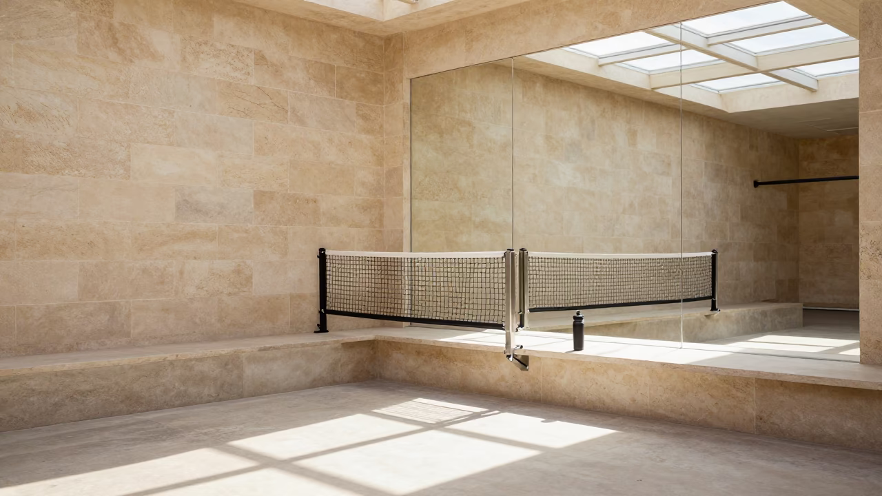 Pickleball Net Crank Shelf After Staff Reset in inside a climbing gym warmup zone in Giza