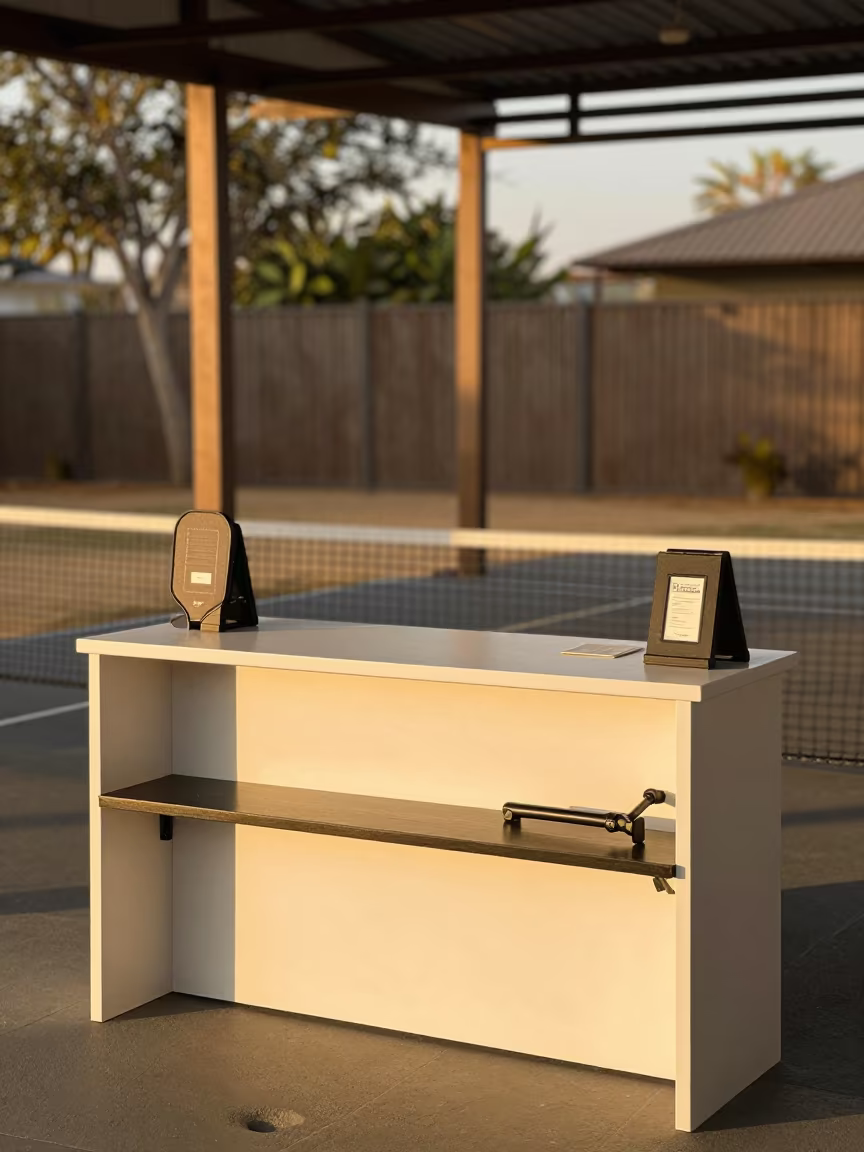 Pickleball Net Crank Shelf at Gym Check-In Desk in at a gym check-in desk near Osogbo