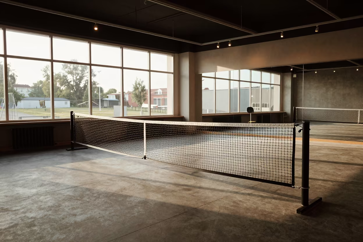 Pickleball Net Crank Shelf in Yekaterinburg Studio in inside a spin studio under class lights in Yekaterinburg