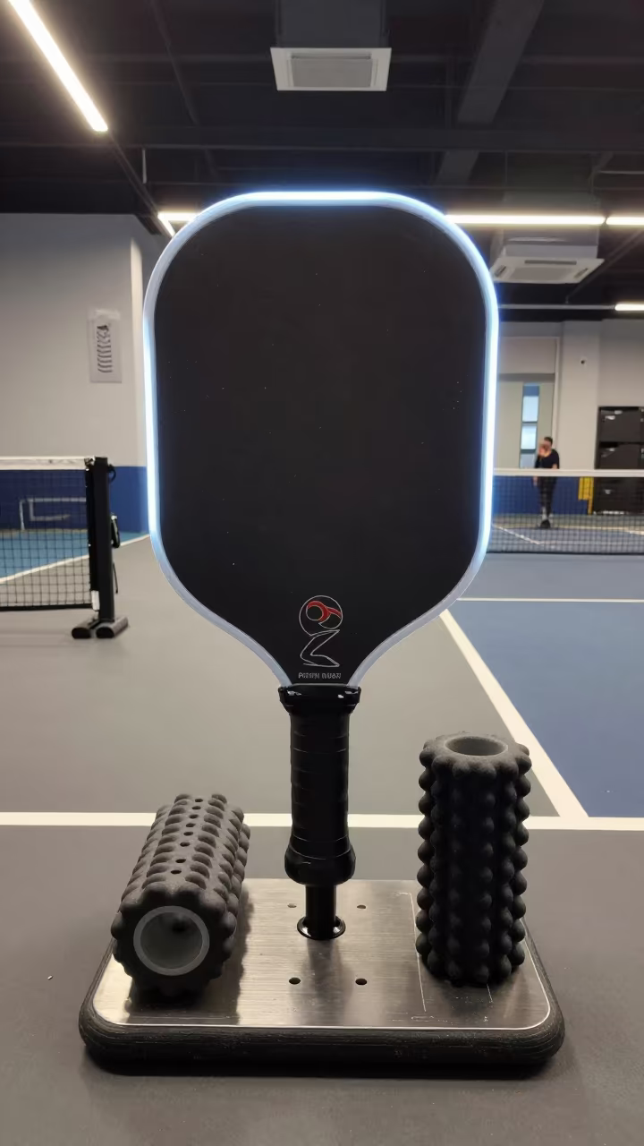 Pickleball Paddle Rack Silhouette in Nanjing Recovery Lounge in inside a recovery lounge beside foam rollers in Nanjing