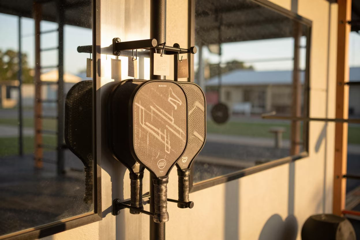Pickleball Paddles on Loaner Rack in inside a climbing gym warmup zone near Suva