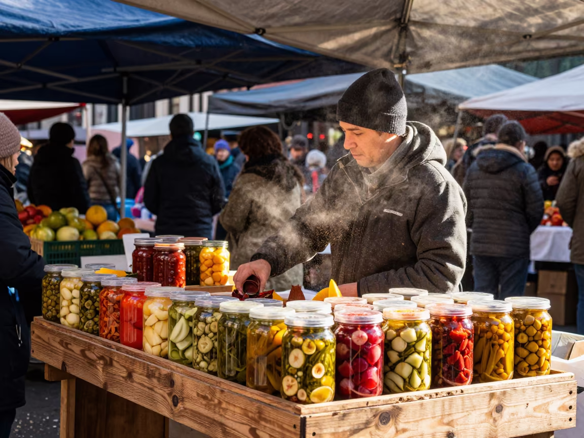 Pickled Vegetable Vendor Winter Market SoHo in at a roadside fruit stand in SoHo, New York