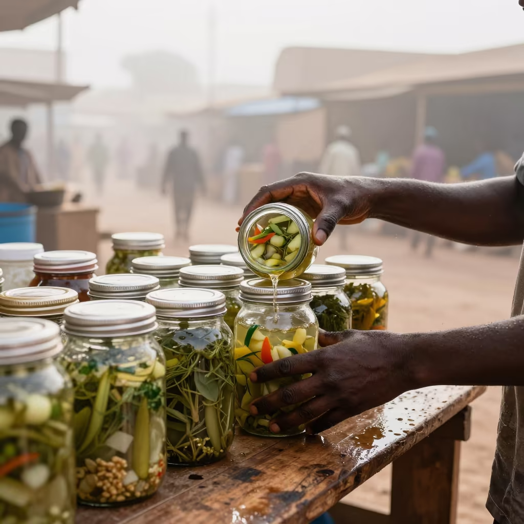 Pickled Vegetables in Jars at Dawn Market in in a flea market lane in Nouakchott