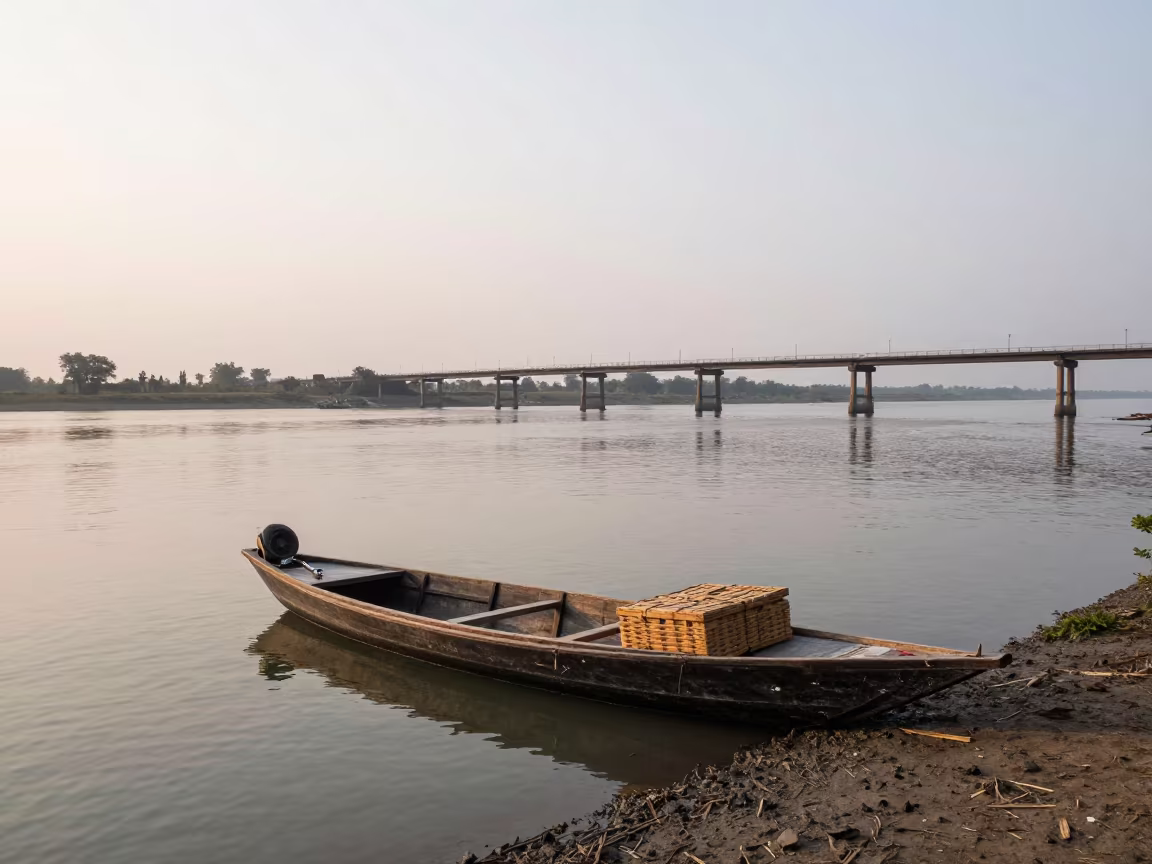 Picnic Hampers on Punt Before Sunrise Bihar in on a wind-open causeway in Bihar