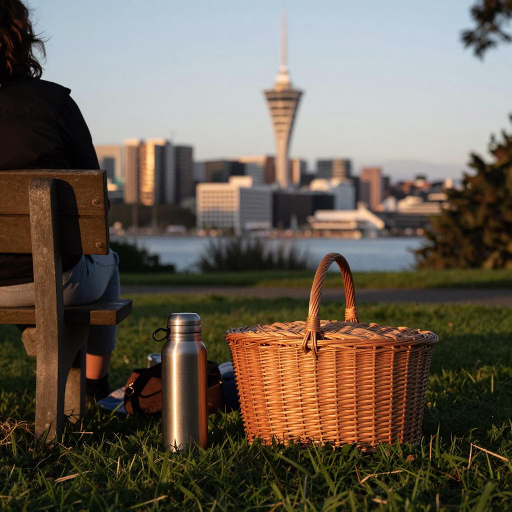 Picnic in Wellington New Zealand Evening Light with Thermos and Wicker Hamper in in Wellington, New Zealand