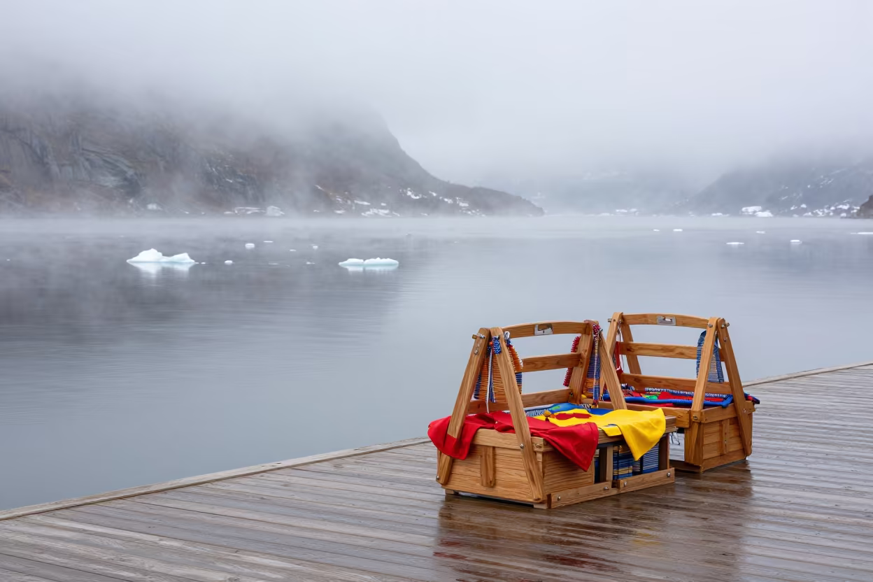Picnic Punt in Foggy Norwegian Fjord in beside a fogbound harbor mouth in the Fjords of Norway