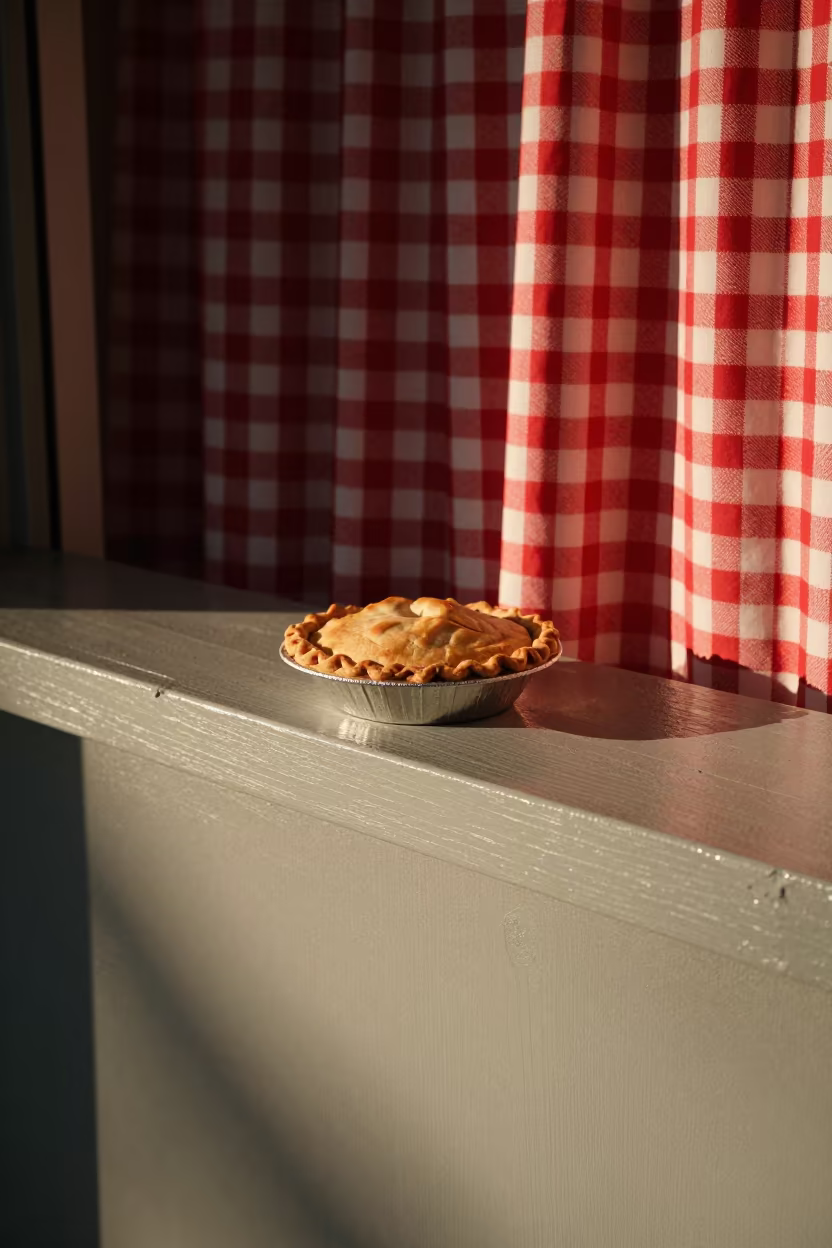 Pie on Neon-Lit Ledge with Gingham Curtain in on a painted display ledge near Calgary