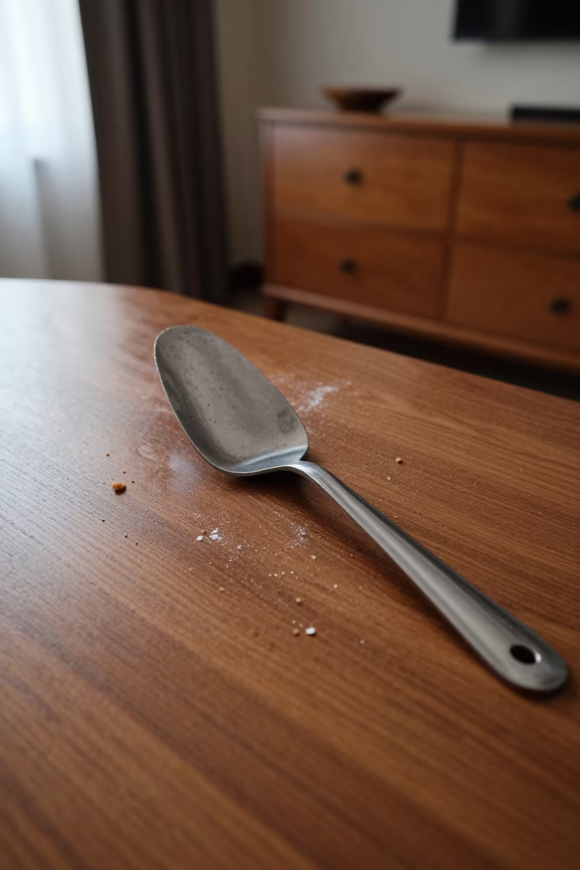 Pie Server and Crumbs on Sana'a Hotel Dresser in on a hotel dresser in Sana'a