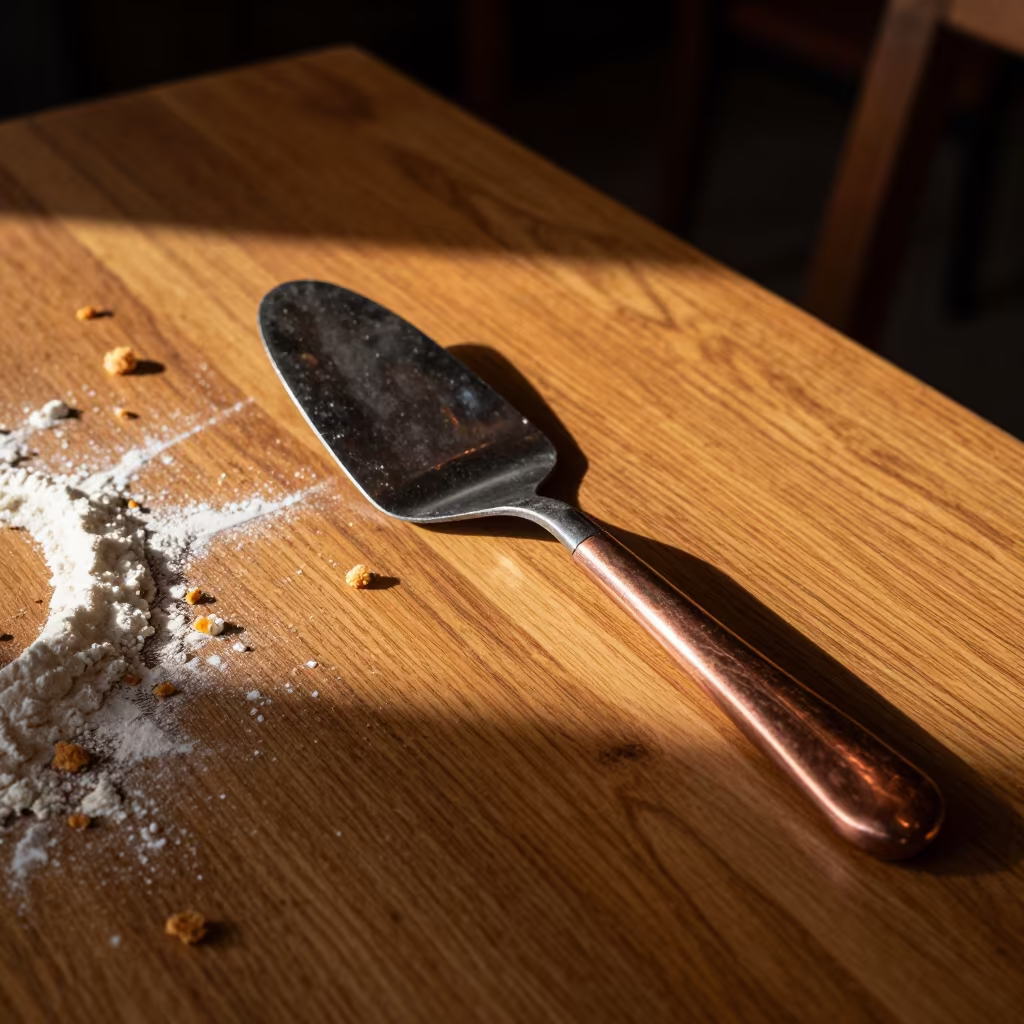 Pie Server on Oak Table with Autumn Light in on a cafe table by a window in Aksaray