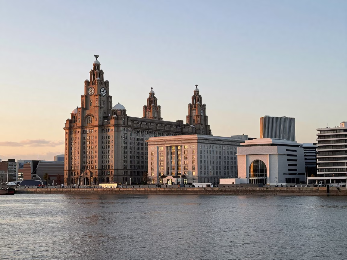 Pier Head at First Light Of Dawn in Liverpool in in Liverpool, United Kingdom