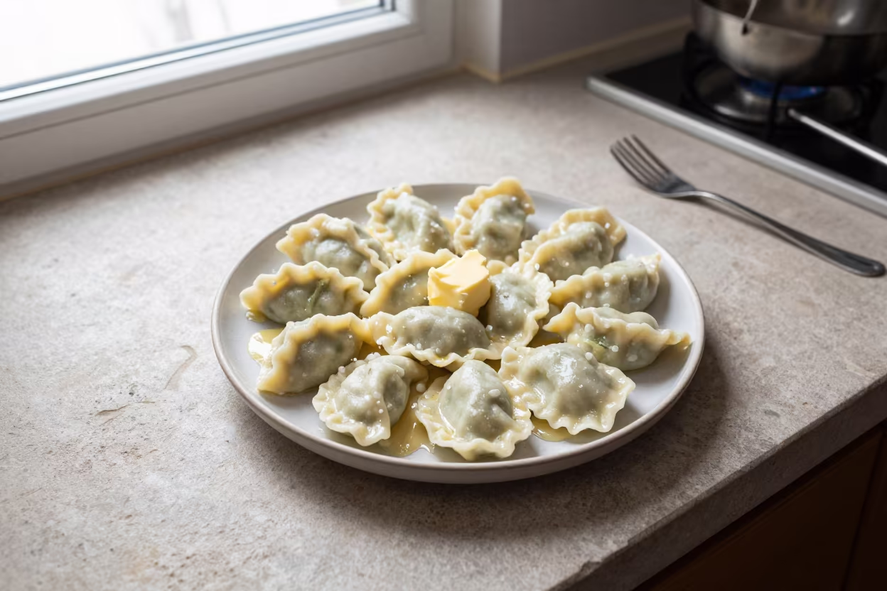 Pierogi Ruskie Butter Plate Prato Kitchen in on a kitchen worktop in Prato