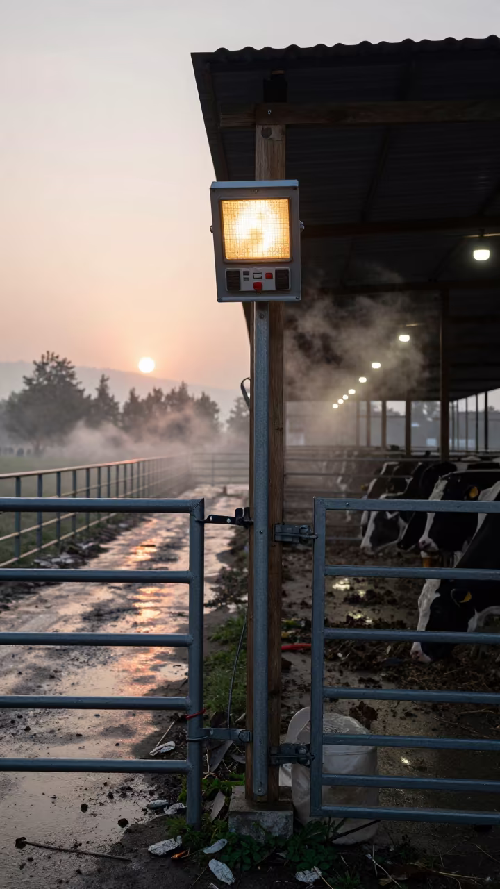 Pig Heat Lamp Controller at Kashmir Dawn in along a feedlot lane in Kashmir