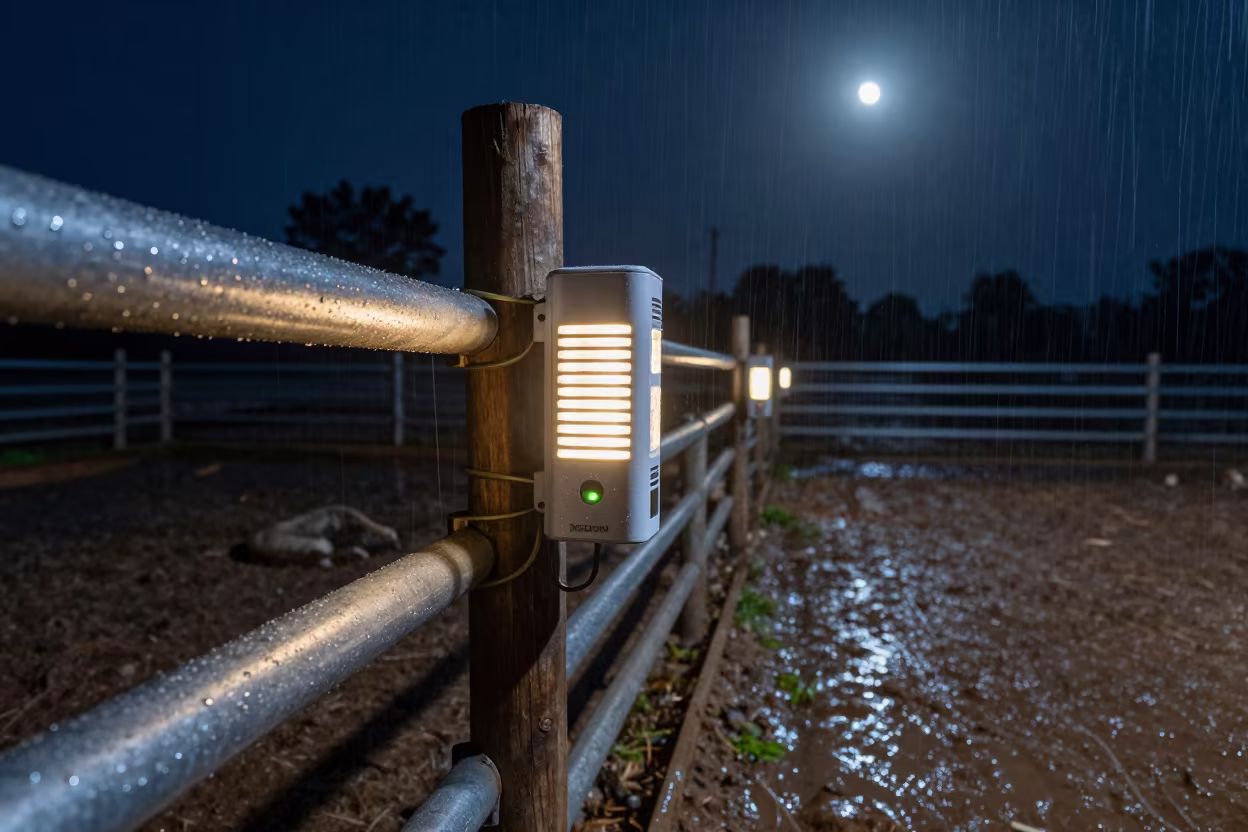 Pig Heat Lamp Controller in Rainy Night Corral in inside a ranch corral in Andhra Pradesh