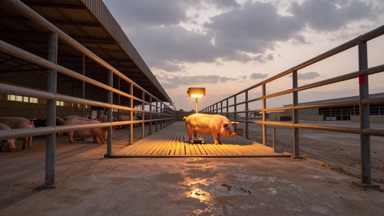 Pig Heat Lamp Controller on Saudi Stockyard Ramp in at a stockyard loading ramp in Saudi Arabia