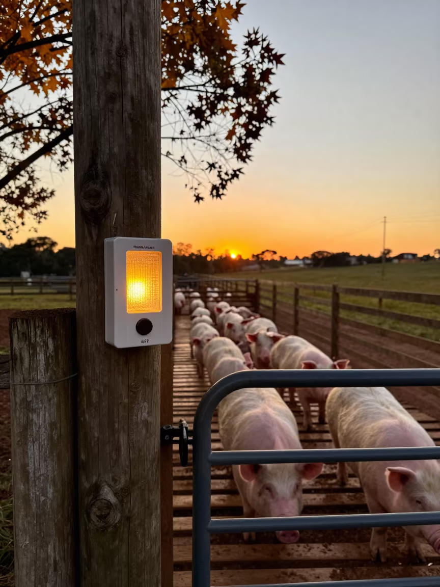 Pig Heat Lamp Controller at Sunset Gate in beside a pasture gate in São Paulo state